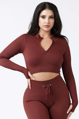 Focused Ribbed Long Sleeve Top - Brown