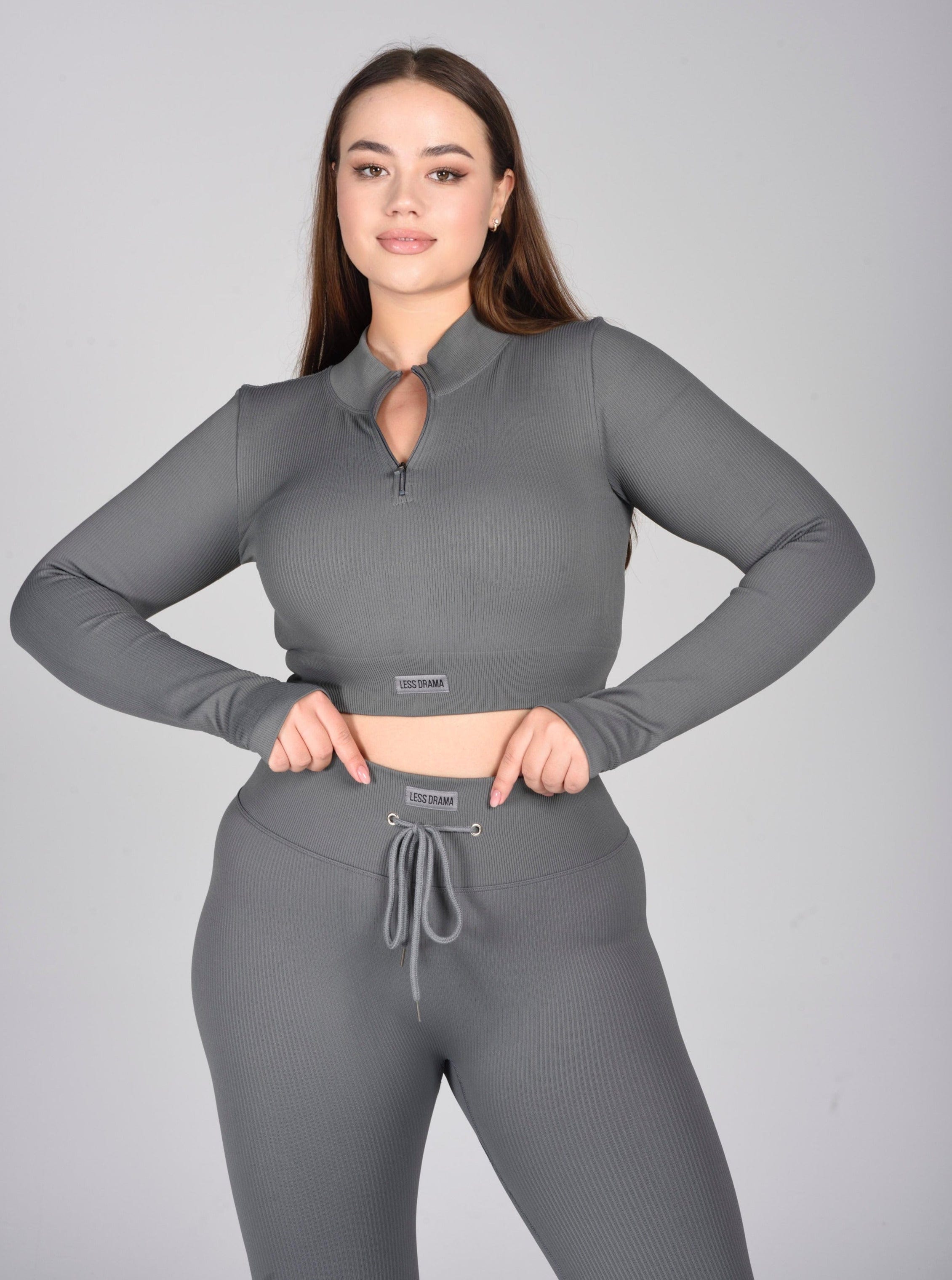 Focused Ribbed Long Sleeve Top - Grey