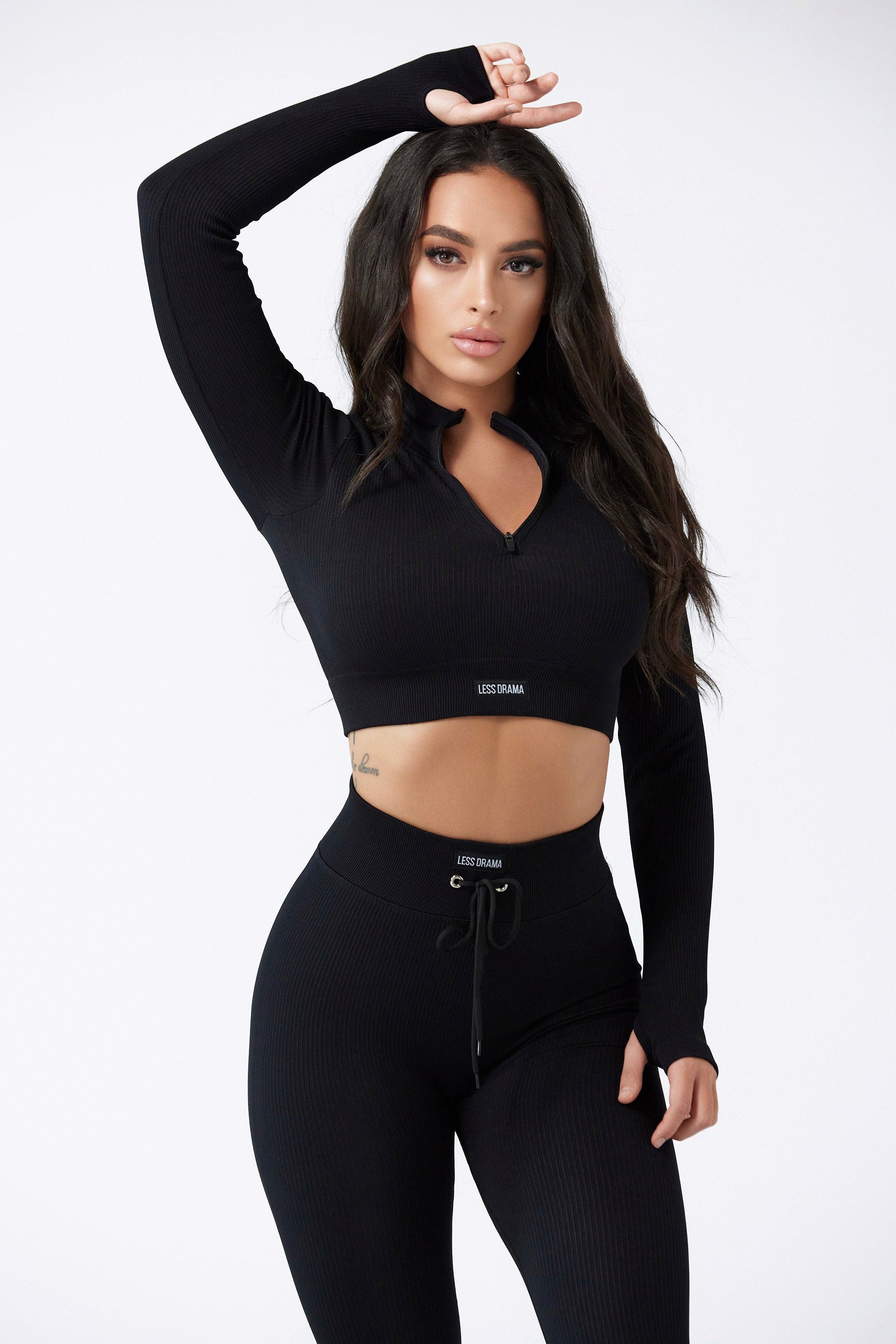 Focused Ribbed Long Sleeve Top in Black