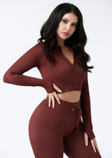 Focused Ribbed Long Sleeve Top in Brown