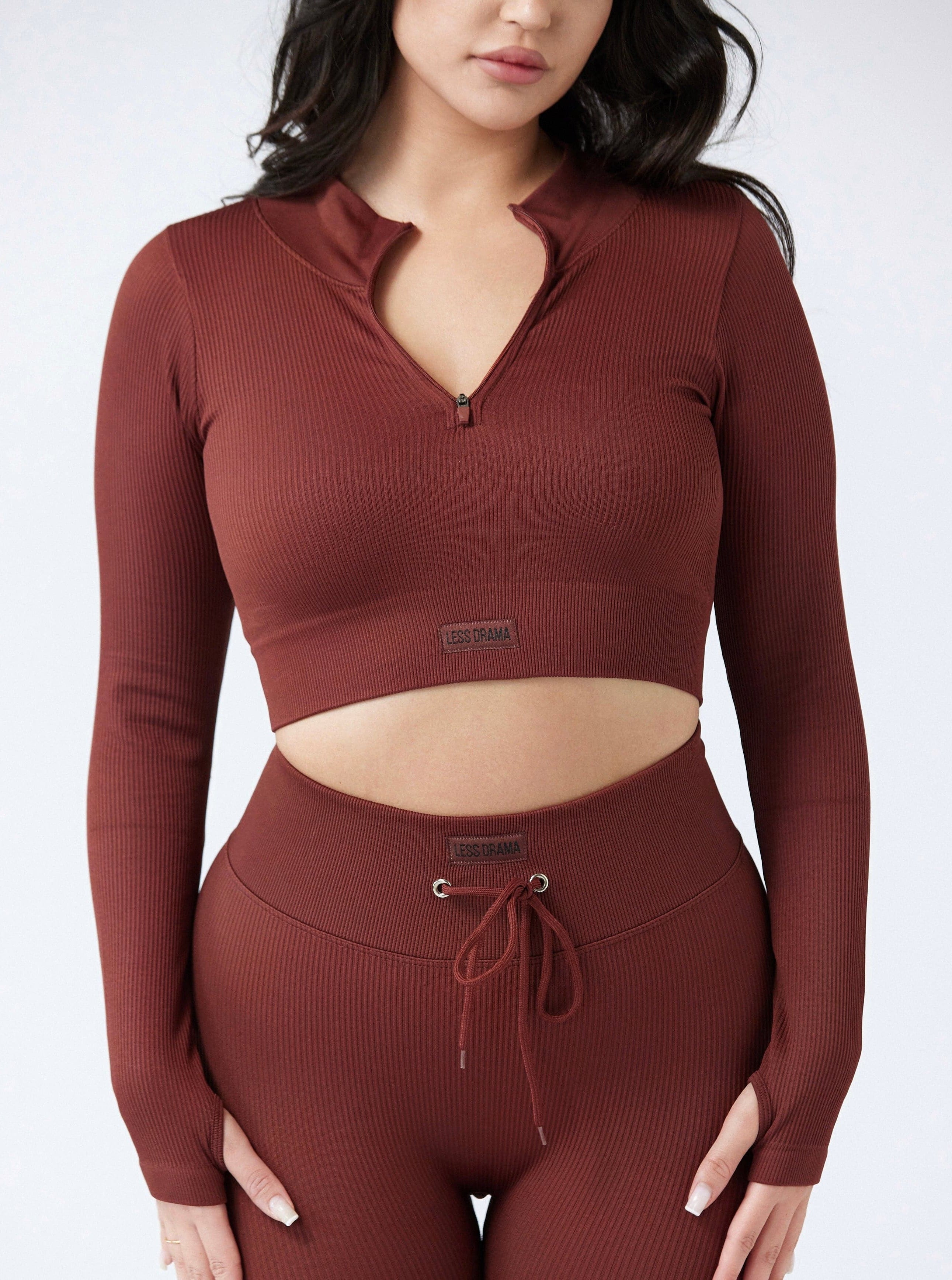 Brown Ribbed Long Sleeve Top
