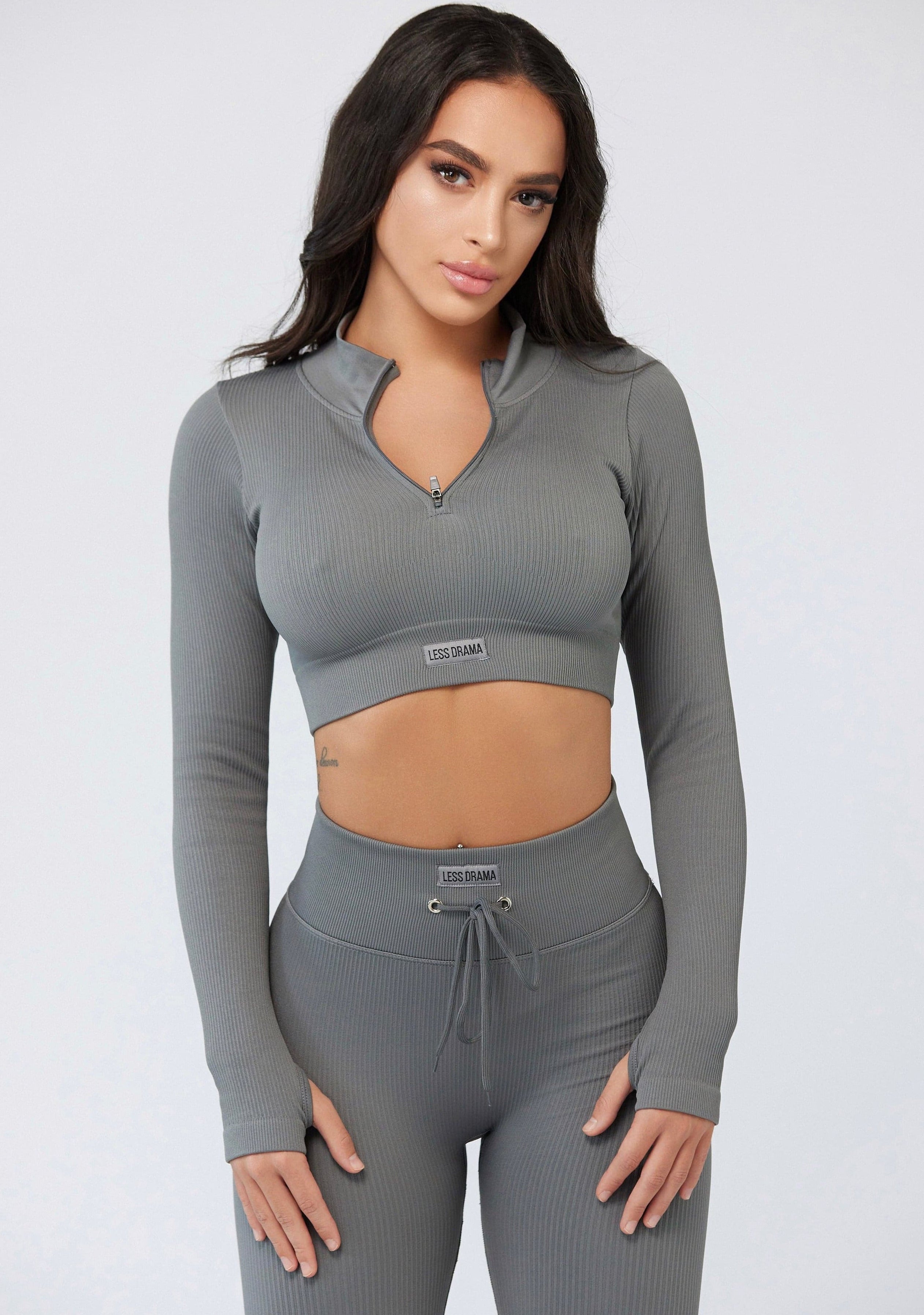 Grey Ribbed Long Sleeve Top