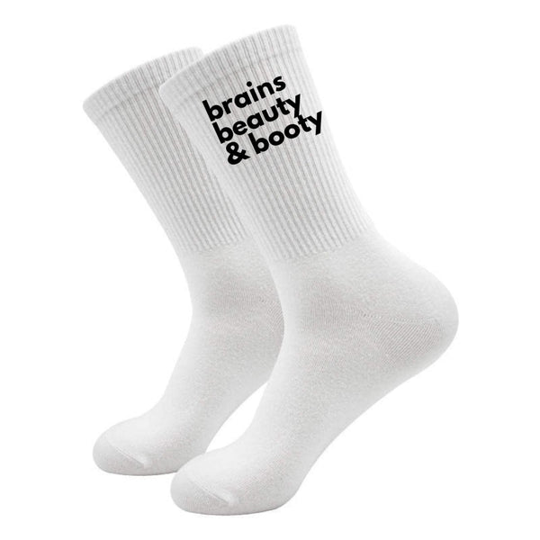 Brains, Beauty & Booty Socks - White